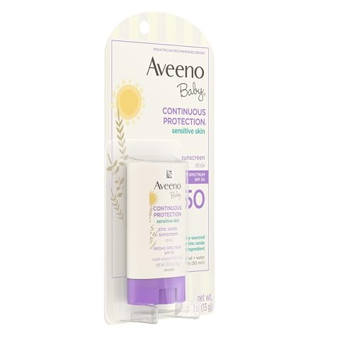 Image of Aveeno Baby Continuous Protection Mineral Sunscreen Stick for Sensitive Skin with Broad Spectrum SPF 50 Protection for Face & Body, Naturally Sourced 100% Zinc Oxide, Travel Size, 0.47 oz (Pack of 12)