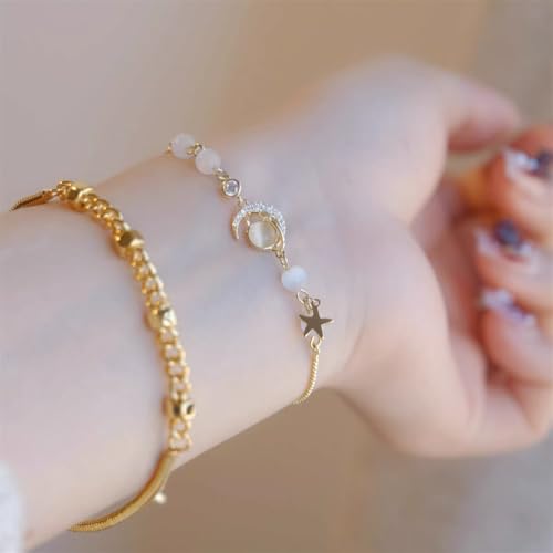 Dainty Planet Moon Star Link Bracelet 18k Gold-Tone Plated Adjustable Chain Sparkling Cubic Zirconia Chic Cat Eye Beaded Delicate Bracelets for Women Party Jewelry Best Gift Birthday Valentine's Day Xmas2