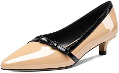 AUMOTED Womens Kitten Heel Pumps Pointed Toe Dating Low Pumps Slip-on Casual Bows Solid Heeled 1.4" Ladies Fashion Office Dress Shoes Patent Leather Beige US Size 7