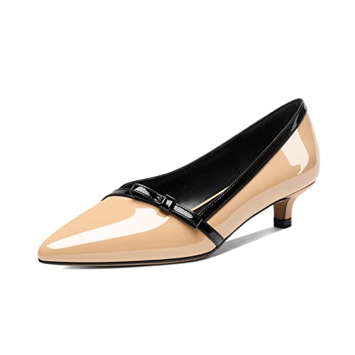 Aumoted Womens Kitten Heel Pumps Pointed Toe Dating Low Pumps Slip-On Casual Bows Solid Heeled 1.4" Ladies Fashion Office Dress Shoes Patent Leather Beige Us Size 7 #TOP17
