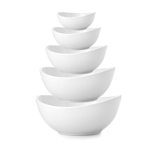 Familywood Porcelain Serving Bowls set for Entertaining 3-11-20-32-50 Ounce Scratch Resistant 5 Piece Serving Bowl Set Prep Salad Bowls for Christmas Thanksgiving Dishwasher Safe Pure White
