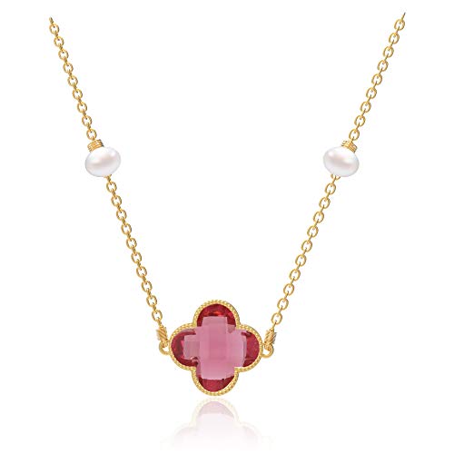 Preisvergleich Produktbild CT Jewelry Damen Halskette mit Vierblättriges Kleeblatt Anhänger Kette Rosa Perlen