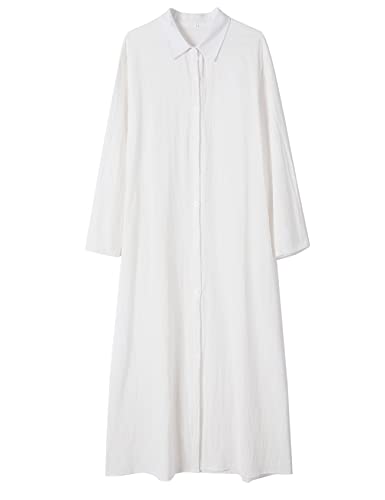 Image of Ladyful Women's Cotton Linen Maxi Dress Summer Long Sleeve Shirt Dress | Button down, Collared, Pockets, Solid color /Striped, Summer Caftans for women, Plus size, Cotton maxi dress for Party, Beach