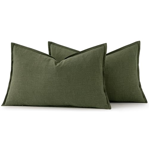Image of MIULEE Decorative Linen Lumbar Pillow Covers 12x20 Inch Dark Olive Green Boho Farmhouse Neutral Spring Couch Throw Pillows for Bed Pack of 2 Accent Modern Pillowcase Sofa Livingroom Home Decor