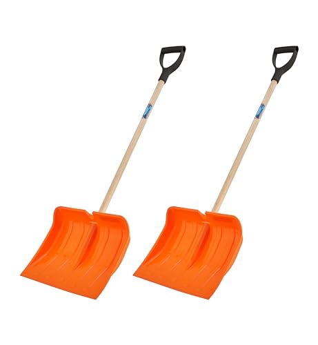 Superio Plastic Snow Shovel for Driveway Snow Pusher Shovel for Snow Removel Heavy Duty Orange Shovel with Sturdy Wooden Handle -D-Shaped, 16