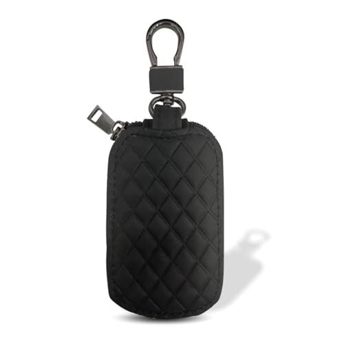 LAINLOY Car Key Case Universal Vehicle Genuine Leather Key Fob Cover Remote Car Key Holder with Metal Hook Car Keyring Zipper Bag (Black)