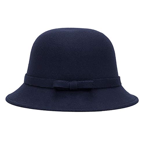 LKXHarleya Women's Cloche Round Hat, Wool Blend Felt Bucket Hat Vintage Bow Fedora Church Caps,Navy
