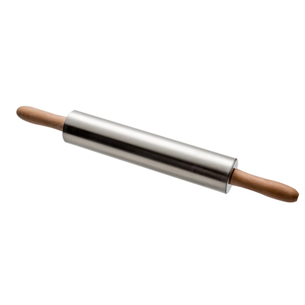 Rodillo de acero inoxidable con asas de madera, utensilios de cocina de 38 cm para hornear, duradero y fácil de limpiar, rodillo para repostería y masa