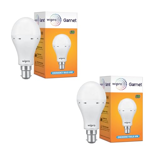 Image of wipro Garnet 14W LED Emergency Bulb | Cool Day White (6500K) | B22 LED Bulb Base | Inverter Bulb for home, with 4 Hours battery back up| Li-ion Battery | Over charging Protection | Pack of 2