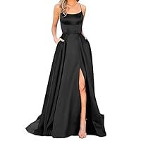 Damen Elegant Lange Abendkleider mit Taschen Satin A-Linie Backless Ballkleider Abschlusskleid Sexy Neckholder Brautjungfer Kleid