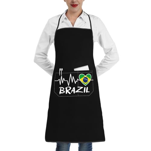 nopicsn Brazil Heartbeat Apron for cooking with Pockets Women Men Kitchen Chef Funny Aprons