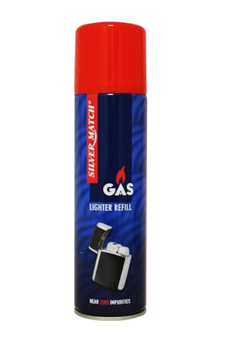 Silver Match Recharge de Gaz 250 ML pour Briquet et Chalumeau de Cuisine, Gaz Butane Premium Pur, 5 Adaptateurs, Compatible Briquet Classique, Tempête,...