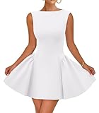 ZESICA Women's 2025 Summer Sleeveless Cocktail Mini Dress Boat Neck Backless Swing A Line Wedding Club Party Short Dresses,White,Large