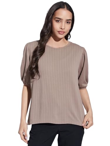 Image of Selvia Textured Lycra Plain Regular fit Round Neck Balloon Sleeve Stylish
