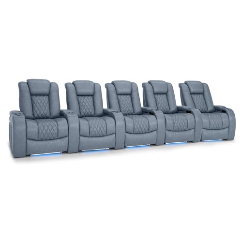 Image of Seatcraft Diamante Smokey Blue Italian Leather Home Theater Seating, Zero Gravity Power Recliner, Gaming and Home Office Chair, Powered Headrest Furniture for Family Cinema Room, Row of 5