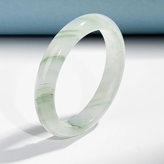 天然天山翠翡翠石ブレスレットバングル女性用グリーンホワイト翡翠バングルラウンド中国風水幸運ブレスレット女性への誕生日プレゼント（天山