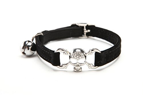 KOOLTAIL Black Skull Bling Cat Collar with Safety Belt and Bell 8-11 Inches