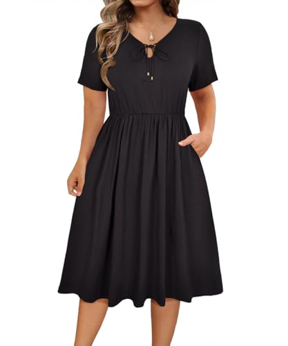 Image of RITERA Plus Size Dresses for Curvy Women Short Sleeve V-Neck Summer Dress Floral /Solid Midi Sundress with Pockets XL-5XL