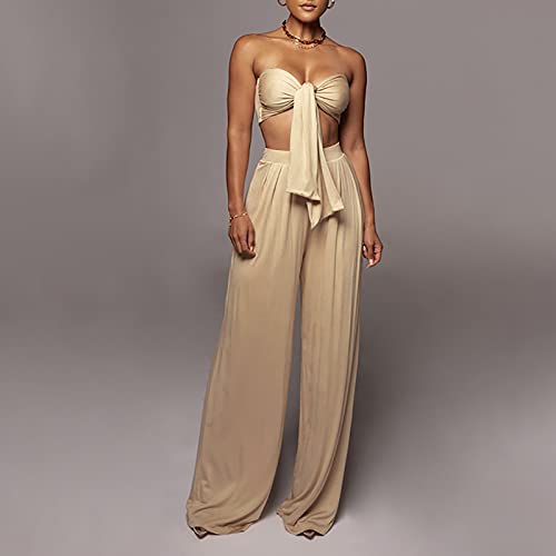 Women's Summer Fashion Pants Sets Casual Solid Color Lace Up Knot Tube Tops Lightweight Midwaist Wide Leg Pants3