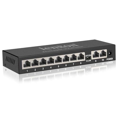 10 Port Gigabit Ethernet Switch, 8 Port Gigabit + 2 Uplink Ports, Unmanaged Network Switch with AI VLAN Detection, Plug & Play, Fanless Metal Design ,4KV Lightning Protection for Home & Office