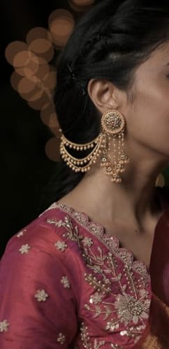 Bindhani Gold-Plated Devsena Indian Bahubali Tassel Jhumka Earrings With Hair Chain For Women4