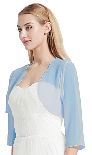 Leimandy Chiffon Bolero Shrug Wedding Cover Up 3/4 Sleeve Sheer Shrug for Women (Sky Blue, L)