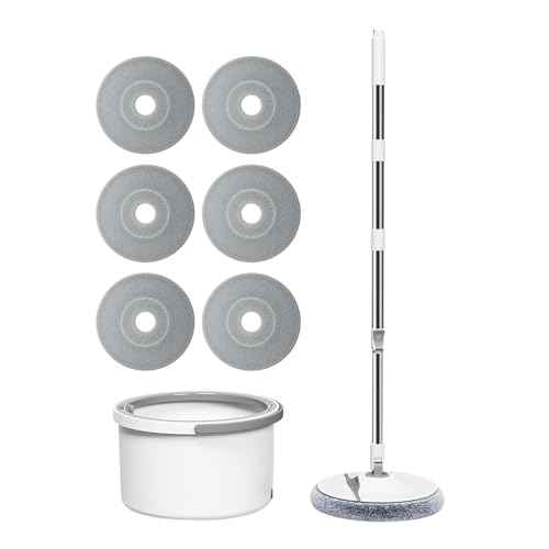 Mop und Eimer - Tragbarer runder Eimer mit Wischmopp - einlagiger Bodenwischer, verstellbarer Squeezer Mop Set mit 6 Wischpads für Nass- und Trockengebrauch