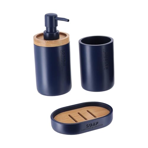 Tendance - Set Gobelet Distributeur à Savon et Porte Savon Polyrésine - Bleu Marine/Bambou - Salle de Bain - Accessoire Salle de Bain à Poser