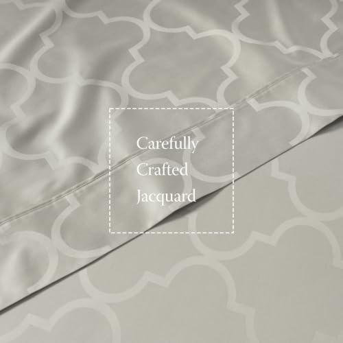 Image of Threadmill 300TC Cotton Queen Sheet Set, Sateen, Jacquard, Light Grey | 100% Cotton, Sateen Weave, Jacquard Pattern, 4-Piece Set, 16 inch Deep Pocket, Cooling, OEKO-TEX Certified, Machine Washable