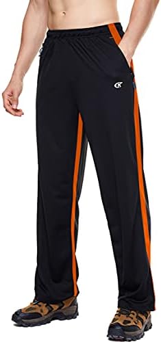 YuKaiChen Men’s Athletic Running Pants Open Bottom Mesh Sweatpants Zipper Pockets Black/Orange L