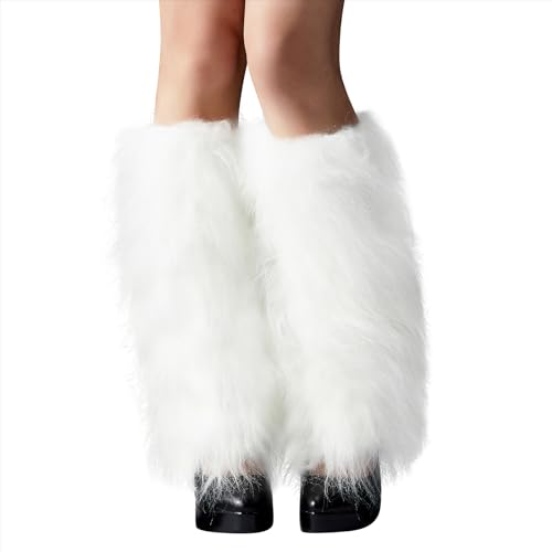 Zando Furry Faux Fur White Leg Warmers for Women - Soft Fluffy Leg Warmers Winter Warm Fashion Fuzzy Boot Cuffs Covers for Halloween Accessories Costume Cosplay Party Daily Wear One Size