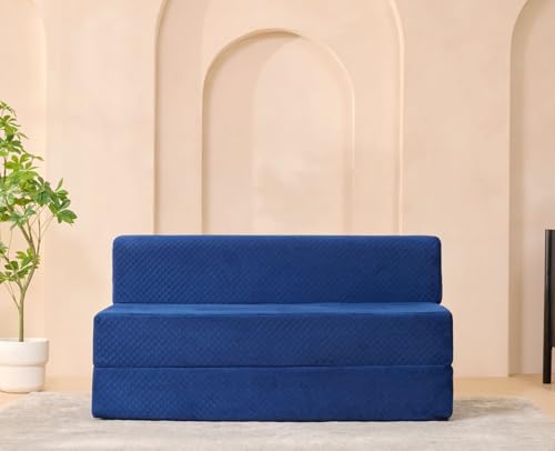 Image of uberlyfe Xtra High, Xtra Soft 3 Seater (5' x 6') Sofa Cum Bed | 1 Year Warranty | 17 inch Sofa Height | Queen Size Foldable Bed | Plush Laser Quilted Fabric | Deep Blue Color
