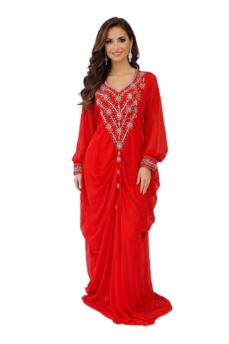 Générique Robe de Soirée Caftan Longue, Rouge, Chiffon, Col en V, Broderie Argentée, Manches Longues