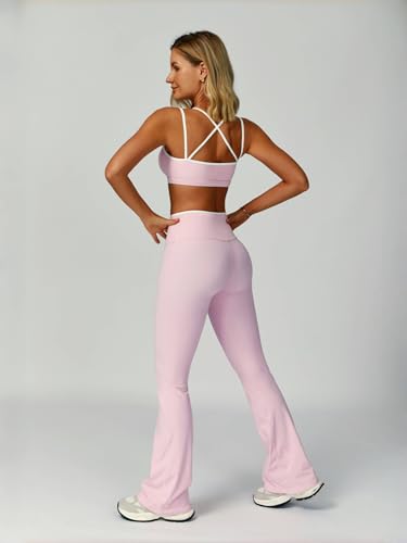 ABOCIW Workout Sets for Women 2 Piece Color Block Strappy Sports Bra High Waist Flare Leggings Gym Yoga Pilates Outfits3