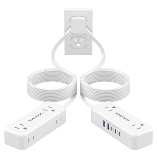 Split Extension Cord 20FT (10FT on Each Side) Single Flat Plug Twin Extension Cord with 4 AC Outlets 2 USB-A & 3 USB-C(24W/4.8A) Nightstand Charging Station for Bedroom Dorm Room Home His and Hers