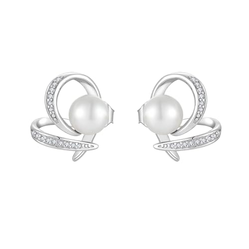 Pearl Stud Earring for Women 925 Sterling Silver Freshwater White Pearl Earring Unique Love Heart Jewelry Gifts for Her