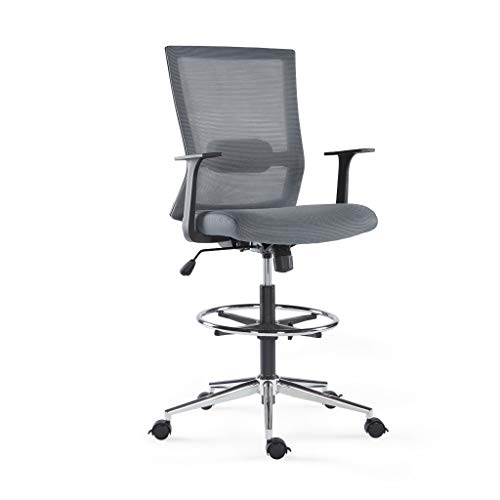Mid-Back Tall Drafting Chair Mesh High Office Chair with Adjustable Foot Ring, Rolling and Brake Casters (Grey & Brake Wheels)