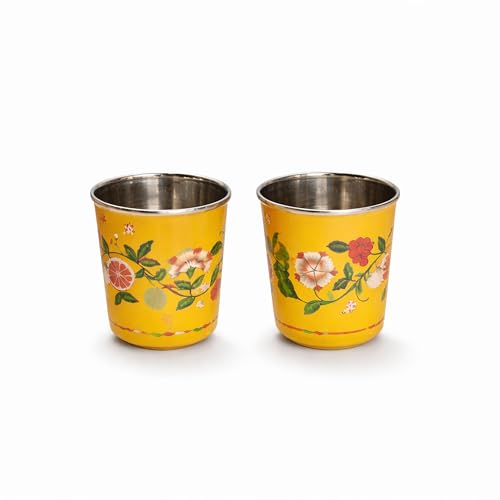 Chumbak Limonata Steel Tumblers Set of 2 220ml | Citrus Collection | Steel Tumblers | Set of 2 | 220ml | BPA Free | Lemon Print | Summer Drinkware | G