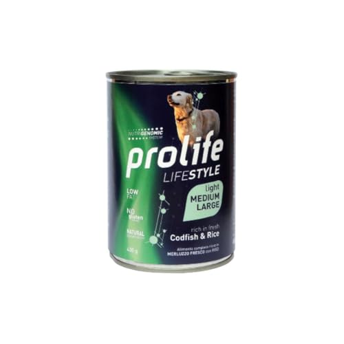 Prolife Umido Cane Adult Medium Large Light Lifestyle 400gr, alimento completo per cani adulti di tutte le taglie in sovrappeso gusto MERLUZZO e RISO | 6 scatolette da 400 grammi l’una