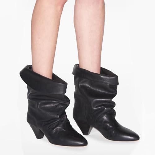 Women Slouchy Western Boots Suede Two-Toned Ankle Booties Almond Toe 2" Chunky Cone Heel Pleated Boots Wide Calf Pull On Covered Boots Office Party Fall Winter Dressy Cute Comfort 4-11 M US3