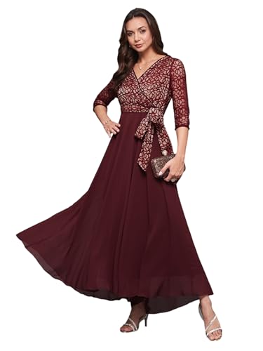 Image of Miss Chase Women's Floral Printed Relaxed Fit V-Neck 3 /4th Sleeve Maxi Dress