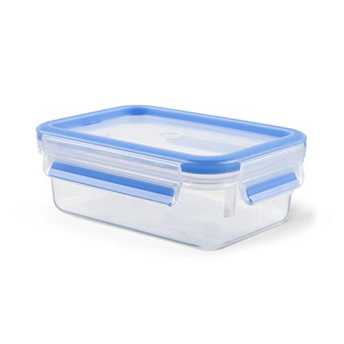 EMSA Clip & Close Frischhaltedose, rechteckig, 0,55 L, Aufbewahrungsbox, 100 Prozent dicht, spülmaschinen-, gefrier-, mikrowellenfest, Transparent, Blau, Made in Germany, 508538