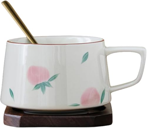 AOBOPOマ和風手描き陶器マグカップ 茶こし付き 300ml 容量 コーヒーカップ・ティーマグ・湯呑み兼用 皿付き 取っ手付き 焼き物陶磁器食器 洗いやすい 珈琲・紅茶・緑茶対応 誕生日プレゼント最適 家庭・オフィス用