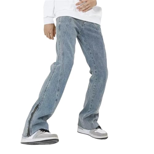 Men Ankle Zipper Washed Blue Baggy Flare Jeans Pants Clothing Straight Hip Hop Denim Trousers