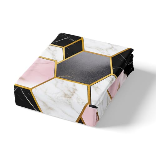 Housse de couette marbre noir blanc rose et 2 taies d'oreiller géométriques
