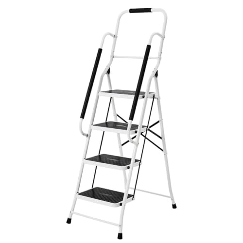LivingSURE Folding 4-Step Safety Ladder - Heavy Duty Steel, Anti-Slip Treads, Padded Handrails - Space Saving Design - Perfect for Home, Kitchen, Office - 32 x 21 x 66 inches
