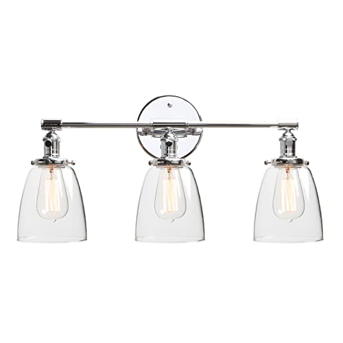 Image of Phansthy 3-Light Wall Sconces Antique Brass Vanity Light, Industrial Wall Lamps with On Off Switch and Clear Glass Lampshade, Vintage Wall Lighting for Bathroom Living Room (Chrome, Bell Shade)