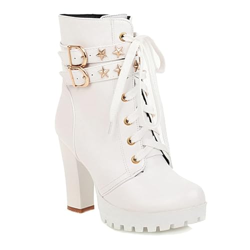 ZKXYFFS Women Goth Leather Block Heel Ankle Boots Chunky High Heel Round Toe Platform Fashion High Heels Lace Up Combat Booties