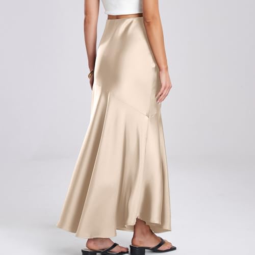 Women's Long Satin Skirt Silk Elegant High Waist Cocktail Party Wedding Flared A-Line Flowy Swing Maxi Skirts4