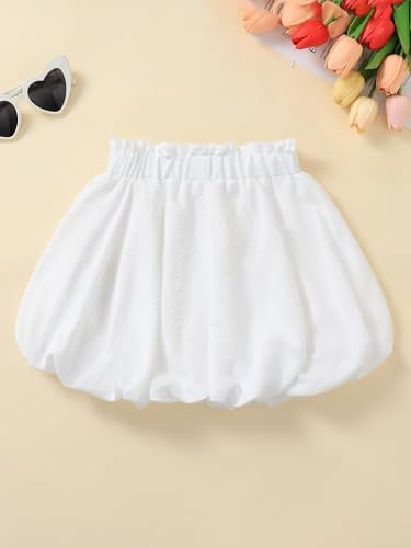 Image of Girls Skirts Cute Paperbag Bow Elastic High Waisted Bubble Ruffle Hem Puffy Mini Skirt